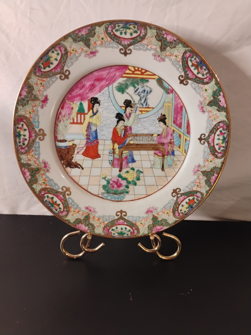 Hand-Painted Pink and Multicolor Decorative Porcelain Plate